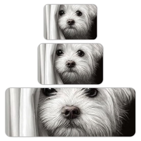 RKSupls Kitchen Rug Set 3 Piece Anti-Slip Flannel Floor Mats, White Dog Curtain Washable Absorbent Runner Mats for Kitchen Bathroom Home Decor
