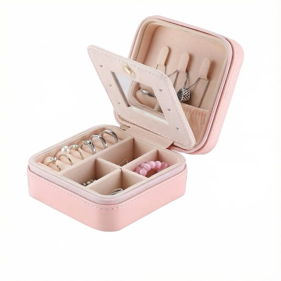 Jewelry box - compact, exquisite, mini earrings, rings box - travel accessory storage box with mirror(pink)