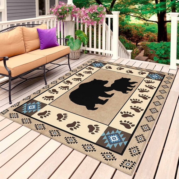 Farmhouse Bear Outdoor Rug for Patio/Deck/Porch, Non-Slip Large Area Rug 6 x 9 Ft, Country Vintage Animals Paw Print Brown Indoor Outdoor Rugs Washable Area Rugs, Reversible Camping Rug Carpet Runner
