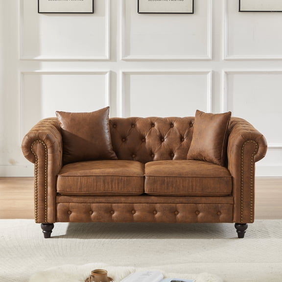 FFZ 64"L Chesterfield Sofa with Tech Fabric, Button Tufting, Wooden Legs, Brown