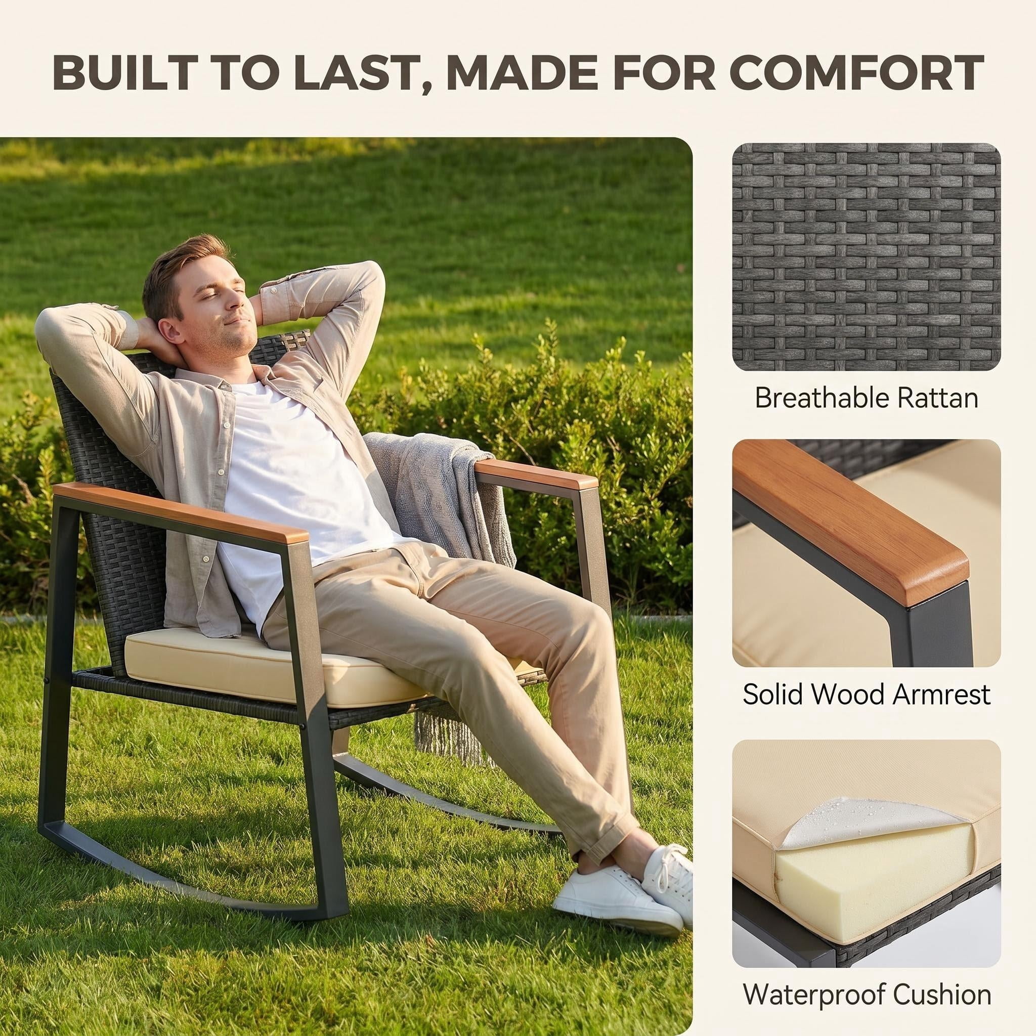 3-Piece Patio Furniture Set, Lofka Rocking Chair Set with Heat-resistant armrests, Includes Glass Table& Cushion-Perfect for Balcony|Deck, Yellow
