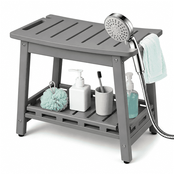 Large Shower Bench Seat, HDPE Waterproof Shower Stool with Storage Shelf, Bathroom Shower Chair for Shaving Legs Gray