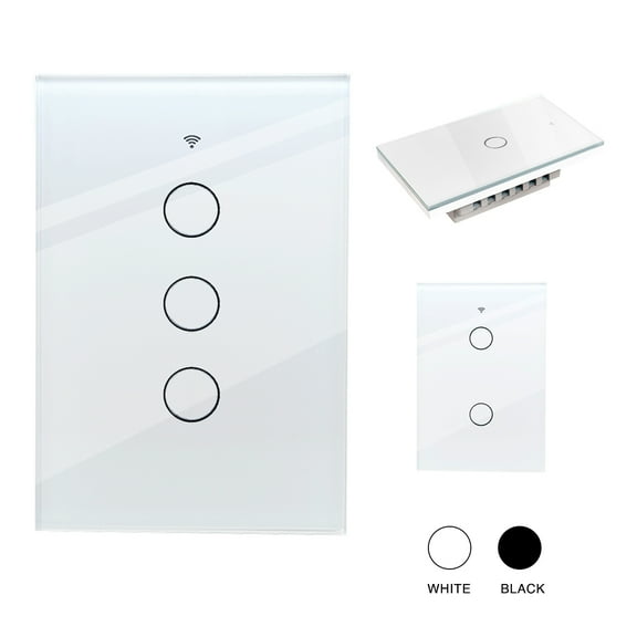 Interruptor de luz de pared inteligente WIFI 3 vias apagador inteligente Smart Switch, control remoto vía celular, panel táctil de vidrio o voz con Alexa, Google home y Smart Life Happy Life Interruptor Inteligente Wifi 3 switches Blanco