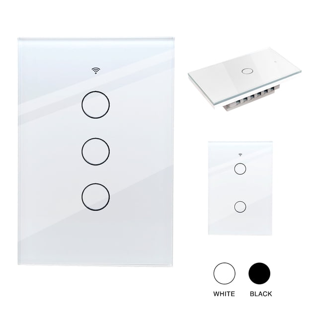 Interruptor de luz de pared inteligente WIFI 3 vias apagador inteligente Smart Switch, control remoto vía celular, panel táctil de vidrio o voz con Alexa, Google home y Smart Life Happy Life Interruptor Inteligente Wifi 3 switches Blanco