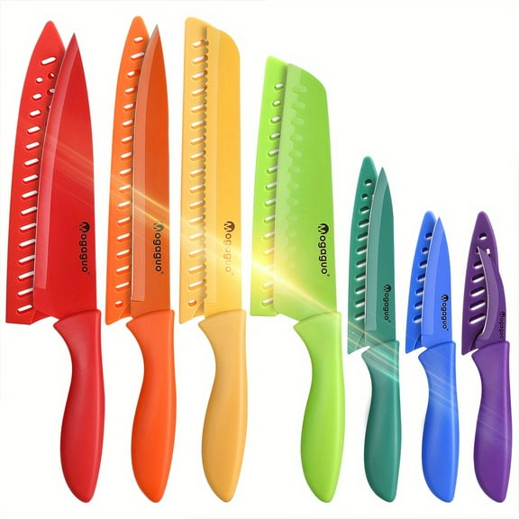Kitchen Knife Set Dishwasher Safe, Sharp Stainless Steel Knife Set, Kitchen Knives Sets Professional with Sheaths 14pcs Rainbow, 7 Knives with 7 Blade Guards Non Stick