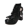 thumbnail image 5 of Fesfesfes Kids Girls Lolita Boots Lace Bow Decor Pearl Pendant Block Heel Side Zipper PU Leather Princess Shoes for Party Daily Wear, 5 of 8