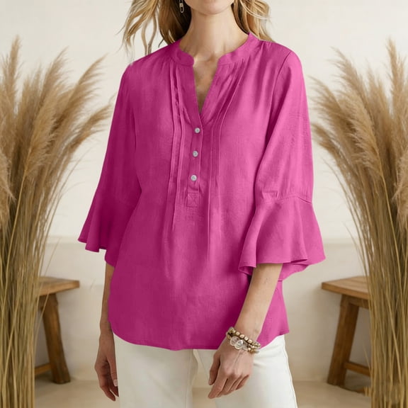 Xdegoge Linen Blouse for Women Henley V Neck Three Quarter Bell Sleeve Professional Work Office Dressy Vibe Regular Fit Solid Pintuck Pleated Front Design Smooth Flowy Fabric Summer Spring Tops