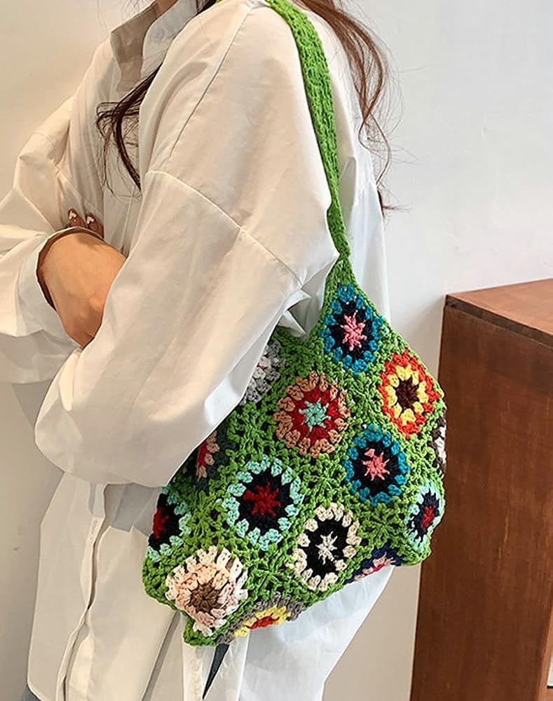 Kukuzhu Cute Floral Knitted Shoulder Bag Women Fairy Y2k Hobo Bag Crochet Small Hand Woven Beach Mesh Tote Purse