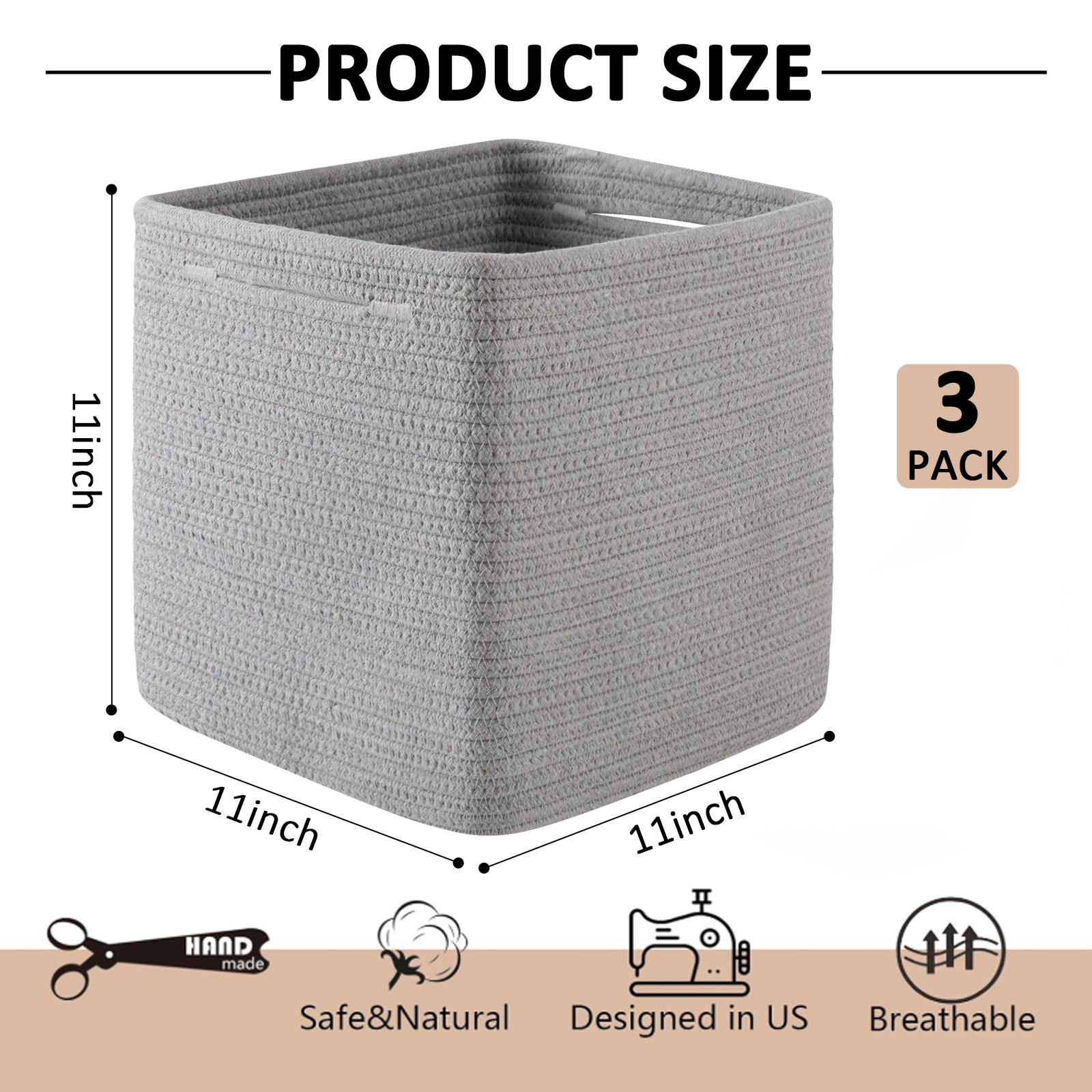 CHERISHGARD 3 Pieces Cube Storage Baskets，Square Woven Rope Basket ，Square Baskets for Organizing