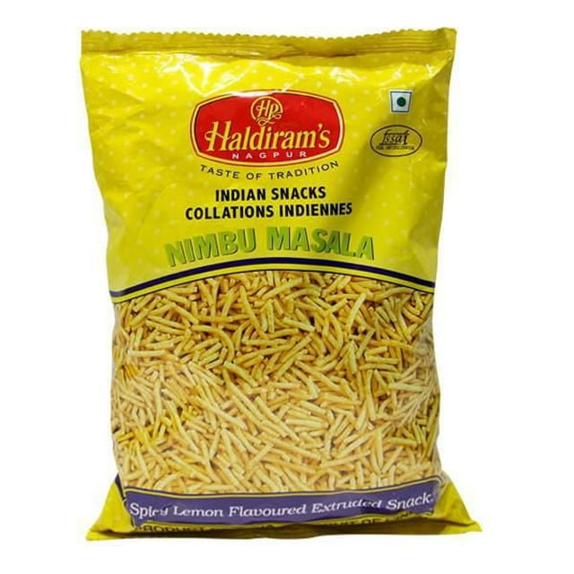 Haldiram Nimboo Masala 150 gram is a tangy, spicy, and crunchy Indian snack featuring zesty lemon-flavored potato and gram flour sticks.