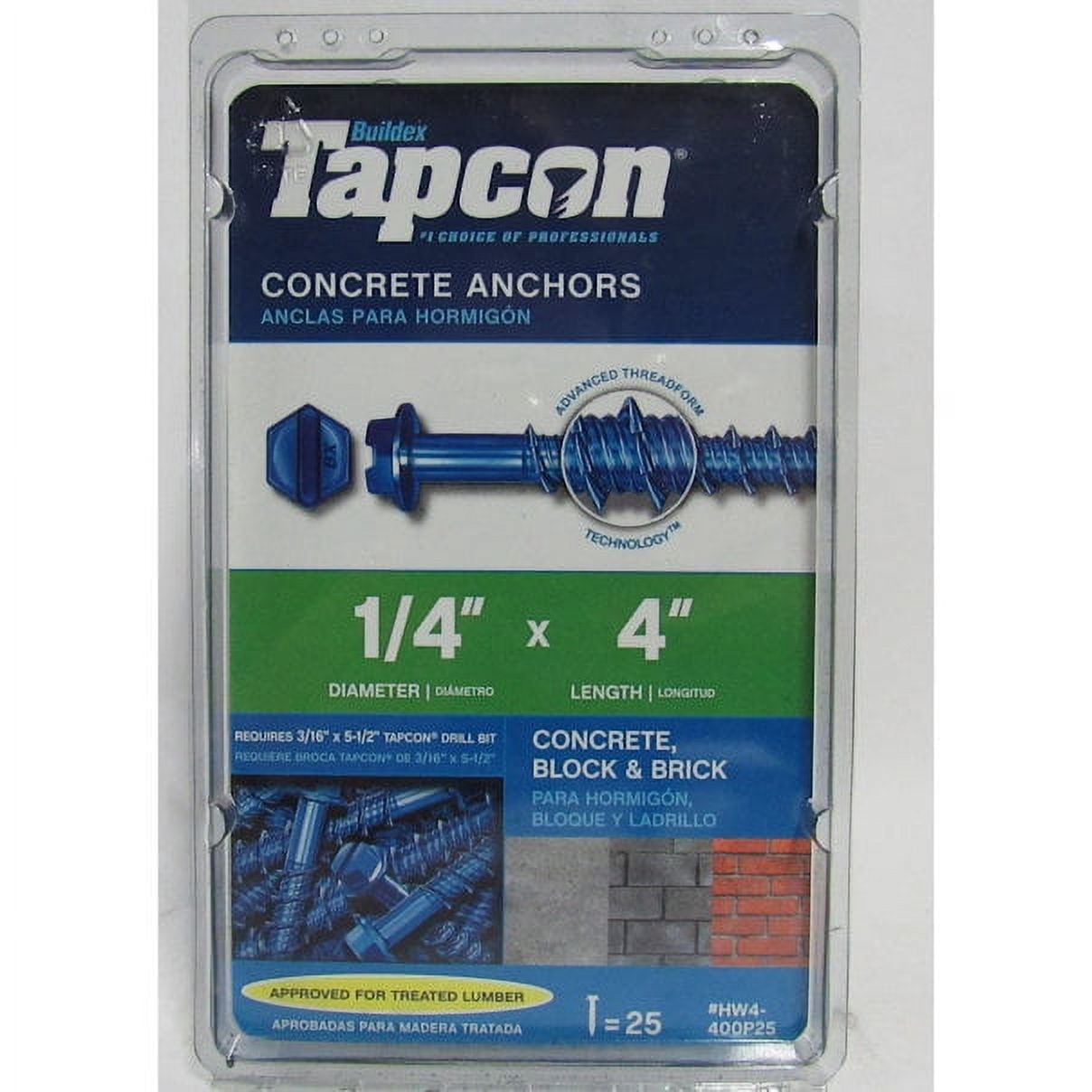 Buildex Tapcon HW4-400P25 Concrete Anchors Screw 1/4" x 4", 4 Packs of 25