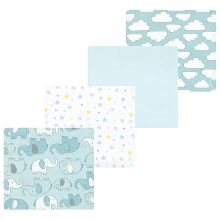 Luvable Friends Hudson Baby Flannel Receiving Blankets 4pk, Blue Elephant Journey