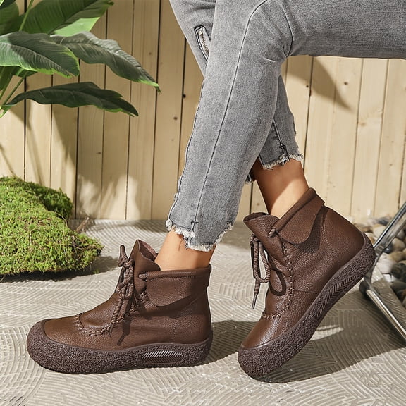 Willtoo Ankle Boots for Women Faux Leather Lace Up Platform Retro Boot Comfortable Wide Round Toe Slip On Shoes Soft Casual Walking Booties