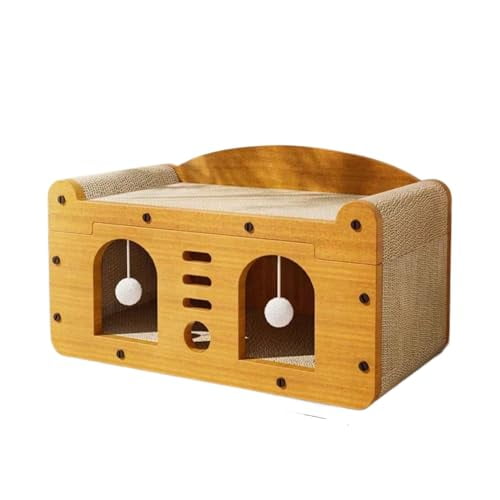 Cat Scratcher House, 2 in 1 Cat Bed and Cave with Hanging Ball Toys, Wooden Scratching Board for Kittens and Adult Cats