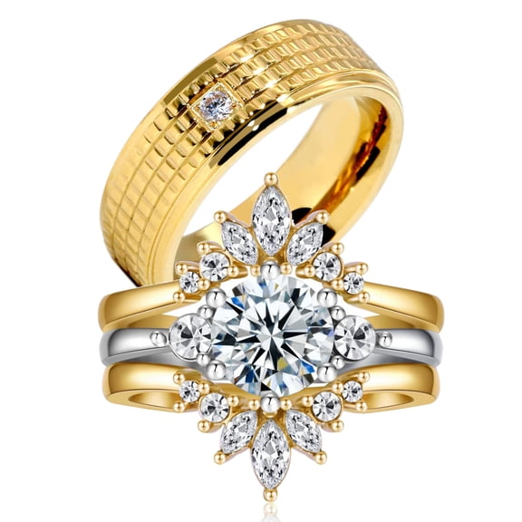 Couple Rings Matching Rings Yellow Gold Plated 1.5CT AAA CZ 3pcs Women Wedding Ring Sets for Him and Her Rings Men Band