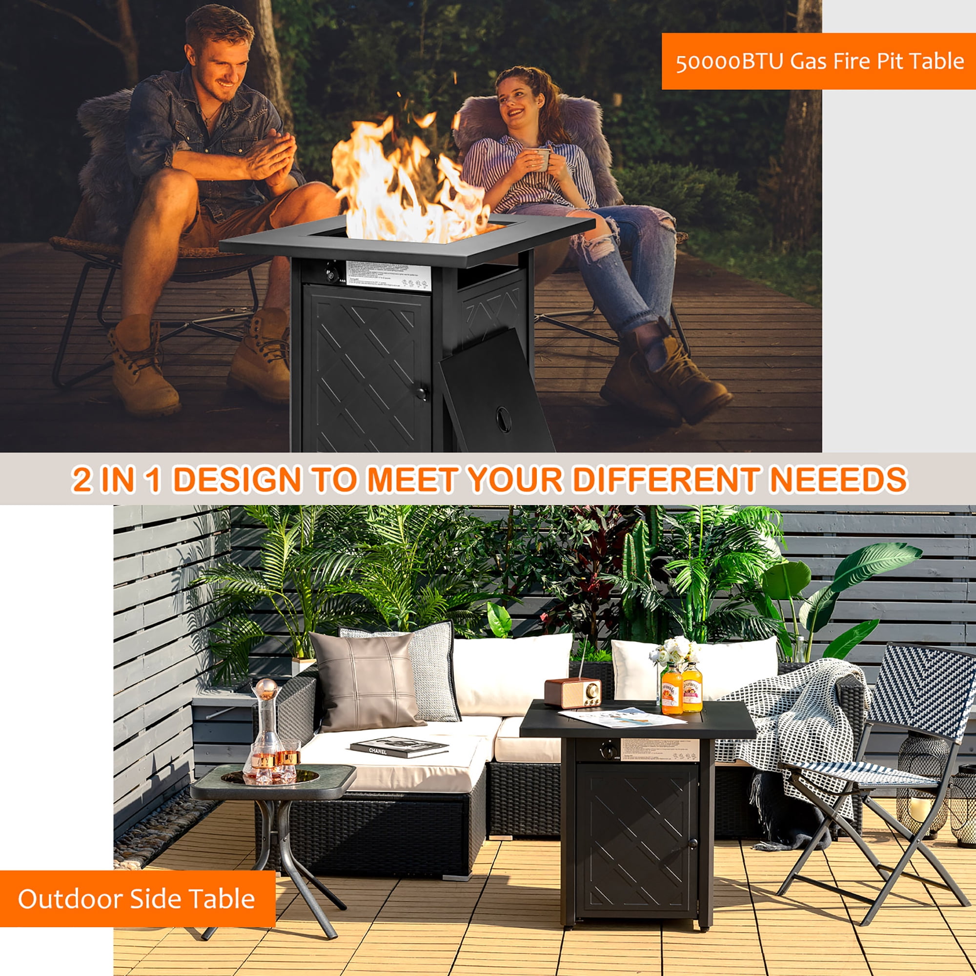 Costway 28''  Propane Fire Pit Table 50,000 BTU Patio Square Gas Fireplace W/Lava Rock
