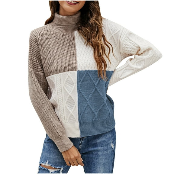 Womens Casual Pullover Sweaters Long Sleeve Turtleneck Color Block Knitted Sweater Jumper Tops