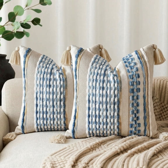 Fancy Homi Set of 2 Boho Sky Blue Striped Textured Decorative Chenille Throw Pillow Cover 16x16 inch for Couch Bed Sofa, Modern Funky Home Decor, Aesthetic with Tassels Woven Decorative Cushion Case