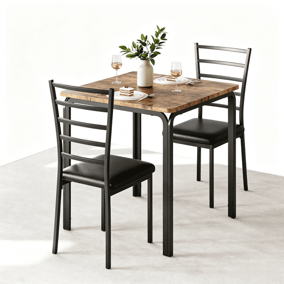 3-Piece Dining Table Set for 2 - Square Table & 2 Chairs, Ideal for Small Spaces, Home, Bar, or Breakfast Nook, Brown