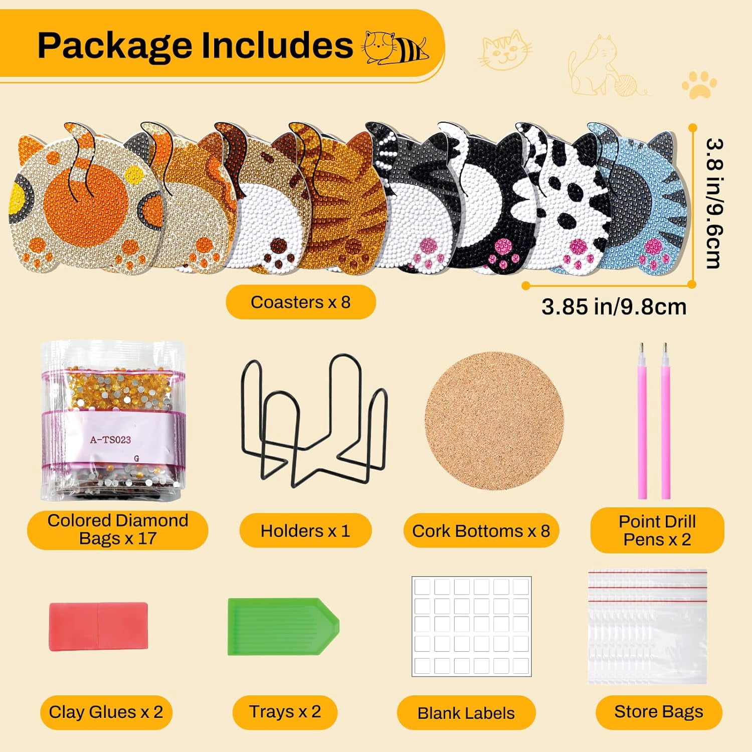 Diamond Art Painting Coasters Kits, Cat Butt Coaster with Holder, Non-Slip DIY Dot Paint Craft Kits, Funny Cat Lover Gifts