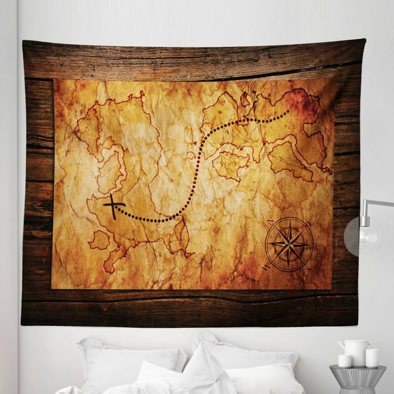 Map Tapestry Dated Old Map in Dense Color on Wooden Background