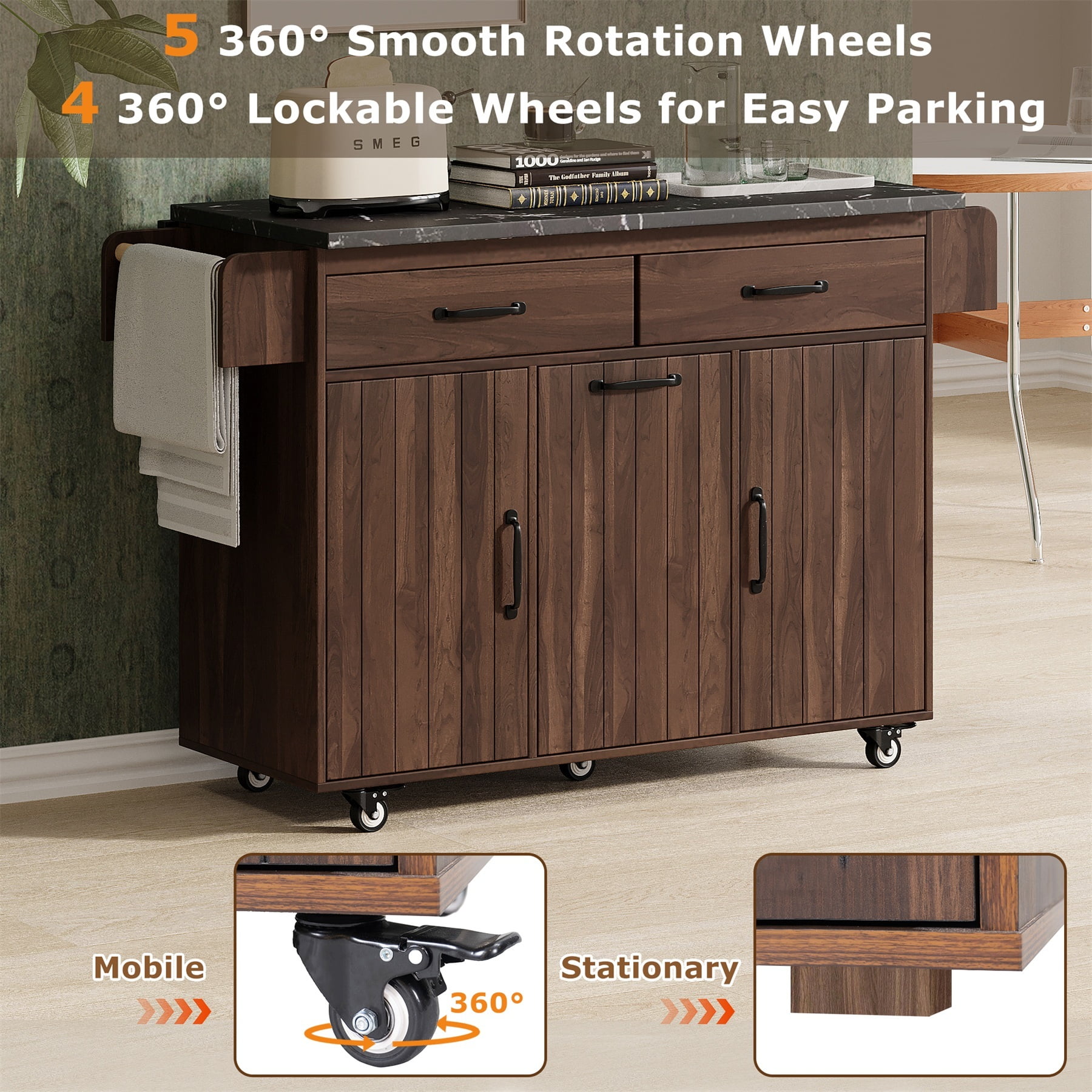 Alvantor Kitchen Island Carts with Trash Can, Rolling Buffet Cabinet with Drop Leaf,Spice Rack and Towel Rack for Dining Room Living Room Walnut