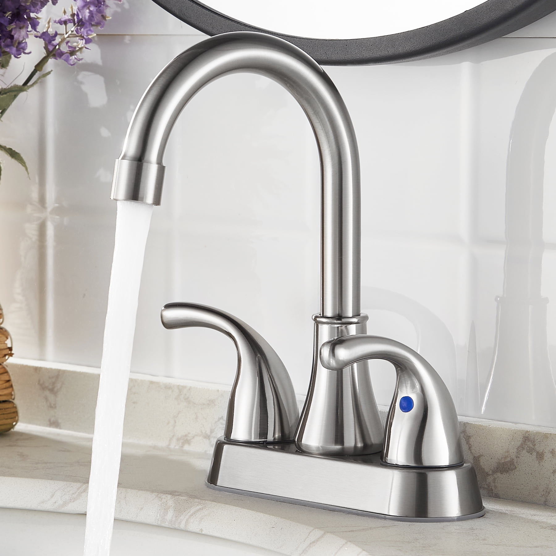 Kede 4 Inch Faucet 2 Handle Bathroom Sink Faucet Lead-Free Brushed Nickel Bath Sink Faucet with Pop-up Drain Stopper and Supply Hoses