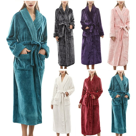 Aboser Women's Long Flannel Robes with Pockets Soft Shawl Collar Sleepwear Warm Plush Nightgowns Belted Long Sleeve Loungewear Comfy Fleece Towel Robe White M