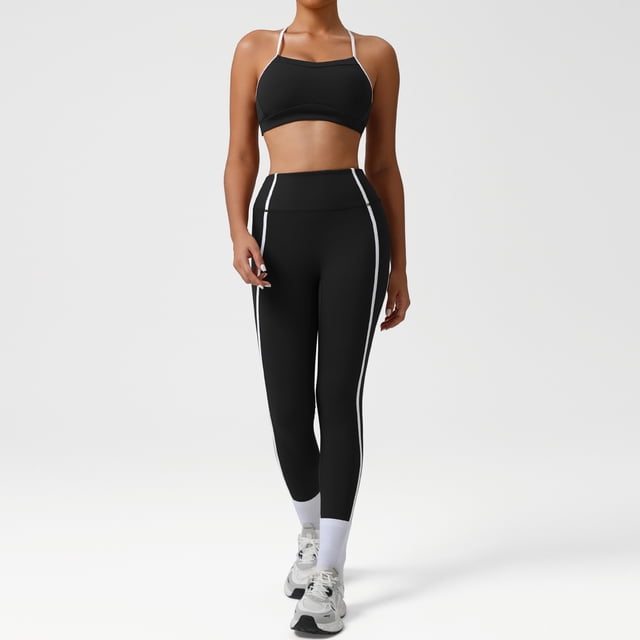 PISONIC Womens Workout Set Two Pieces Spaghetti Straps Color Block Sports Bra Matching High Waist Leggings Gym Work Out Outfits