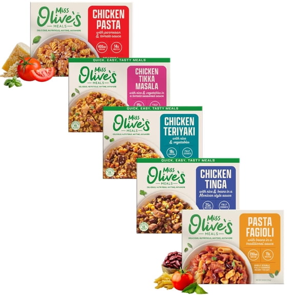 Miss Olives Ready Meals Variety Pack 5 Pack of Ready-to-Eat Microwaveable Meals Tinga, Tikka, Teriyaki, Pasta Fagioli & Chicken Parm, Bigger Portion Sizes, Heat & Serve Convenience