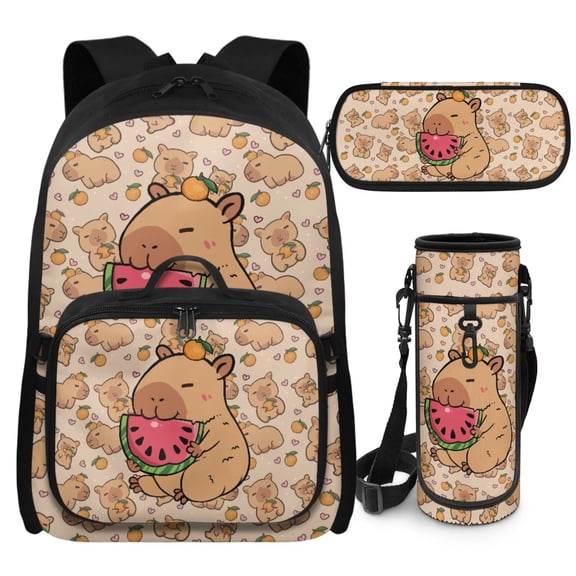 Bulopur Watermelon Capybara Print Kids Backpack Set 4 Pcs Durable Waterproof Kids School Bag with Pencil Case and Water Bottle Cover for Capybara Lovers Kids