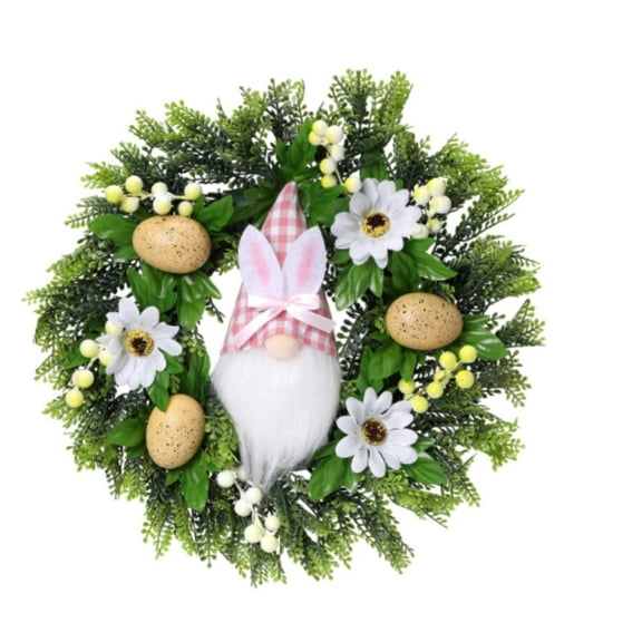 CSSAD 15" Easter Wreath for Front Door, Gnome Dwarf Wreath, Artificial Easter Decorations with Eggs and Flowers for Indoor Outdoor Home Wall Window Decor