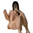 thumbnail image 5 of Pijama de manga larga con estampado de gofres para primavera, otoño e invierno, para mujer, con cara sonriente, cuello redondo, holgado, para el hogar, 5 of 5
