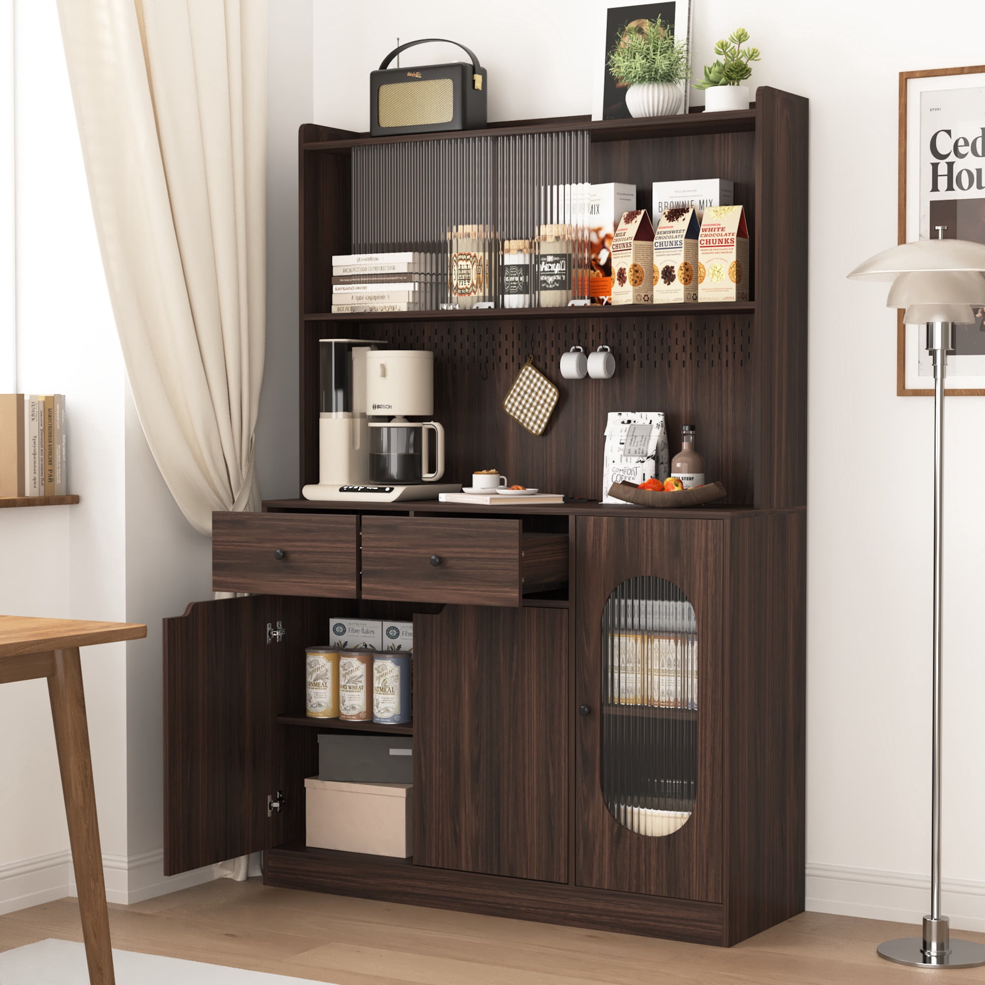 Noble House 71" Tall Kitchen Pantry Storage Cabinet with Microwave Stand, Reeded Glass Doors, Walnut