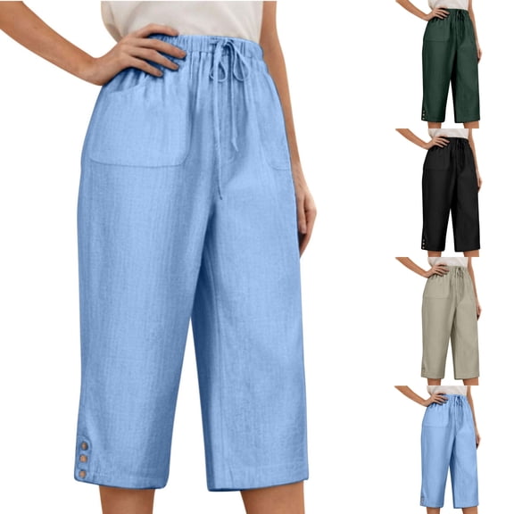 LIBRCLO Capri Pants for Women Loose Fitting Haren Pants with Pockets High Waisted Linen Wide Leg Casual Trousers