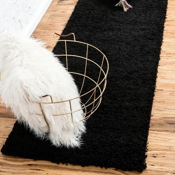 Unique Loom Solid Shag Collection Area Rug (2' 7" x 16' 5" Runner Jet Black)