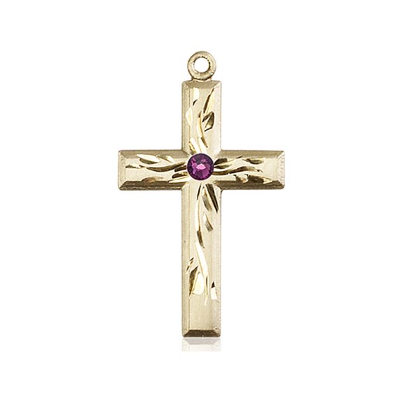 14kt Yellow Gold Cross Medal with 3mm February Purple Swarovski Crystal 1 1/8 x 5/8 inches