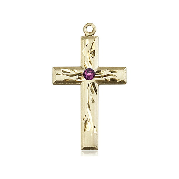 14kt Yellow Gold Cross Medal with 3mm February Purple Swarovski Crystal 1  1/8 x 5/8 inches