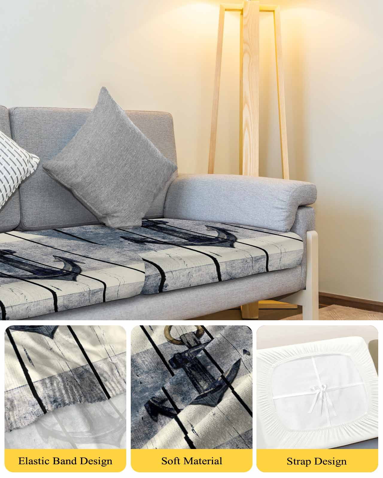 Navy Blue Nautical Couch Cushion Covers, Stretch Seat Cushion Covers for Sectional Sofa, Coastal Blue Striped Vintage Loveseat Sofa&nbsp;Slipcovers Furniture Protector with Elastic&Straps Medium 1Pcs