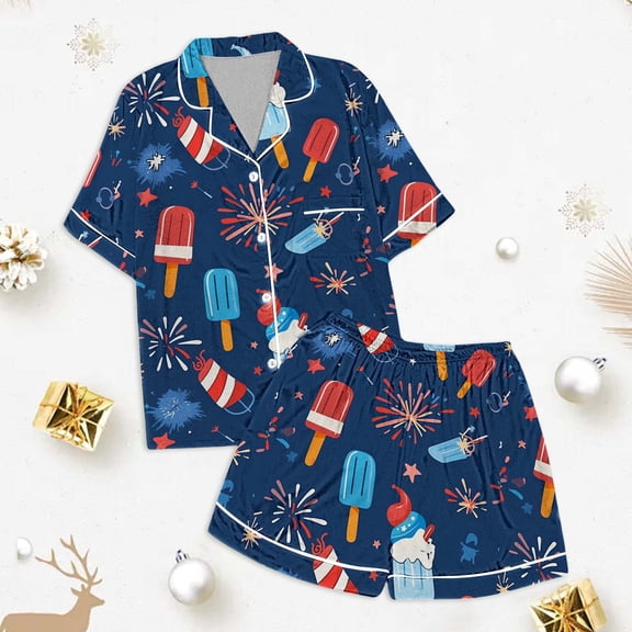 Kids' 4th Of July Printed Satin Pajama Set Short Sleeve Casual Girls Outfits Set Navy 120