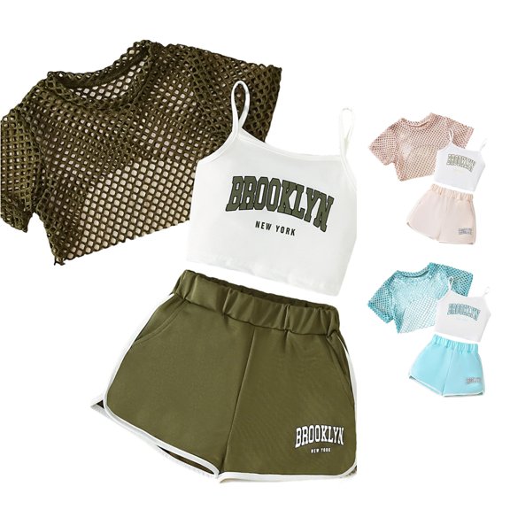 ZXLBBD Girls' Stylish Outfits 3 Piece Fashion Letter Print Sleeveless Top with Mesh Shirt and Shorts Casual Summer for Girl Clothes Sets,Army Green,Size 11 Y-12 Y