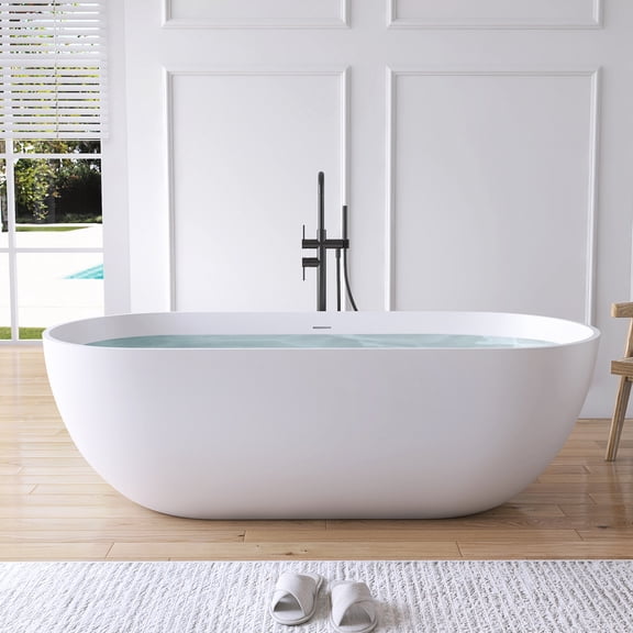MEDUNJESS 69" Solid Surface Freestanding Bathtub, Oval Luxury Contemporary Stone Resin Bathtub Stand Alone Tub with Pop-up Drain and Overflow, Matte White