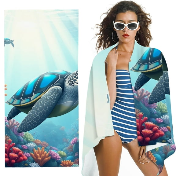 RKSupls Blue Back Sea Turtle Coral Microfiber Beach Towel, Extra Large Quick Dry Lightweight Absorbent Towel for Travel Swimming Camping, Soft Super Absorbent- 30x60 in