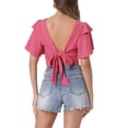 thumbnail image 3 of INSPIRAR CHIC Blusas cortas bohemias con lazo frontal para mujeres, con mangas cortas texturizadas, escote en V sexy, ropa de playa S Rosa Fucsia, 3 of 6