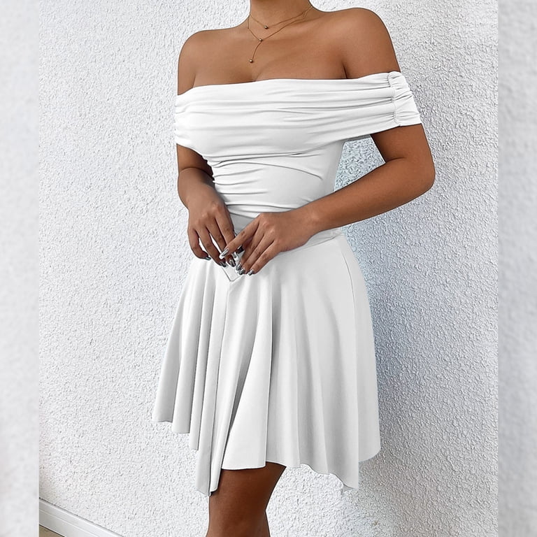 Women'S Off the Shoulder Mini Dress Ruffle Hem Ruched Corset Short Cocktail  Party Dresses White S - Walmart.com