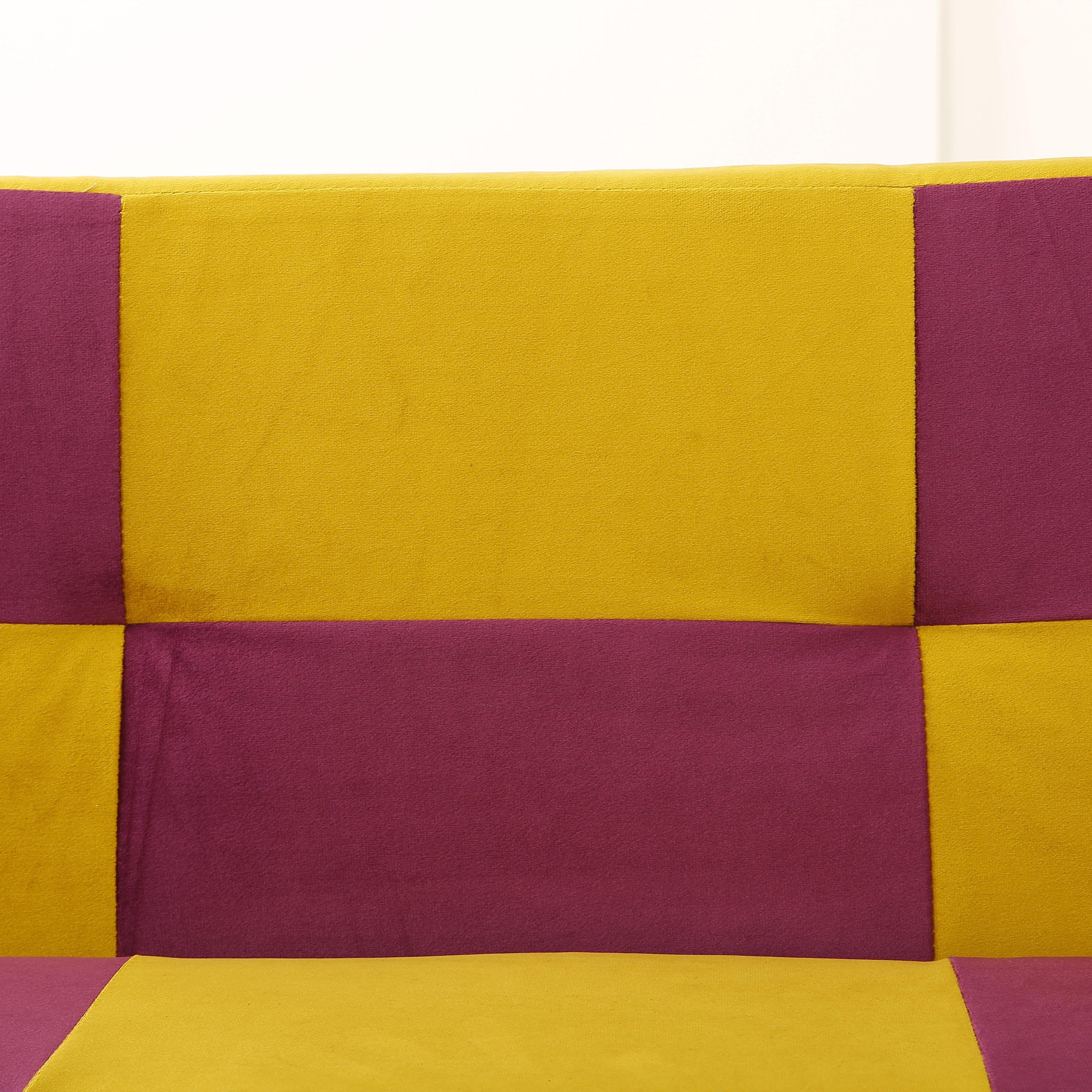 BSHTI 63.39" Velvet Convertible Futon Sofa Bed with 5-Position Adjustable Backrest , Twin Size Couch Sleeper Sofa for Living Room, Bedroom, Dormitory Purple&Yellow