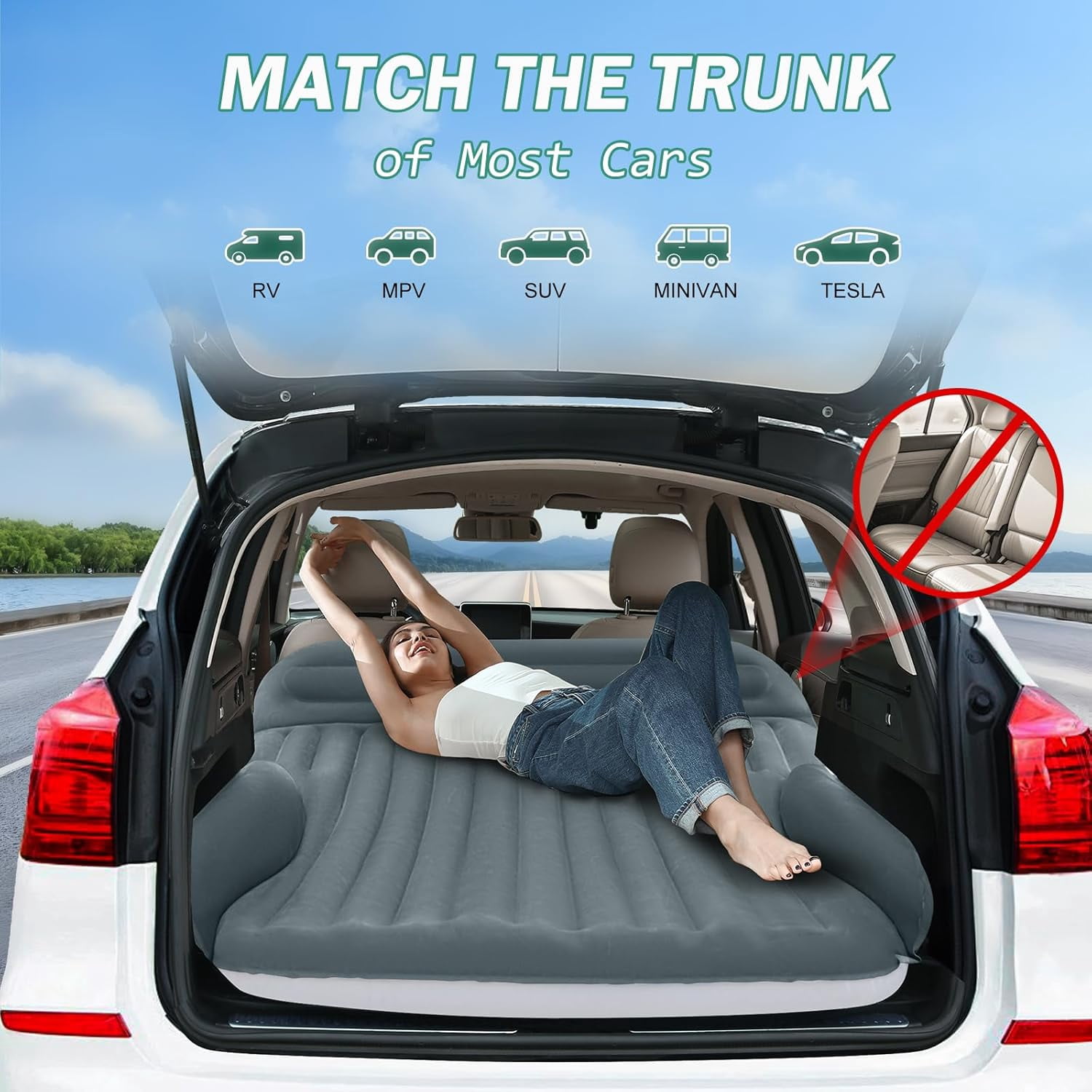 Air Mattress, Double-Sided Thick Flocked Car Air Mattress with Built-in Pump & Pillow, Complete Sleeping Accessories for Auto Camping & Road Trips
