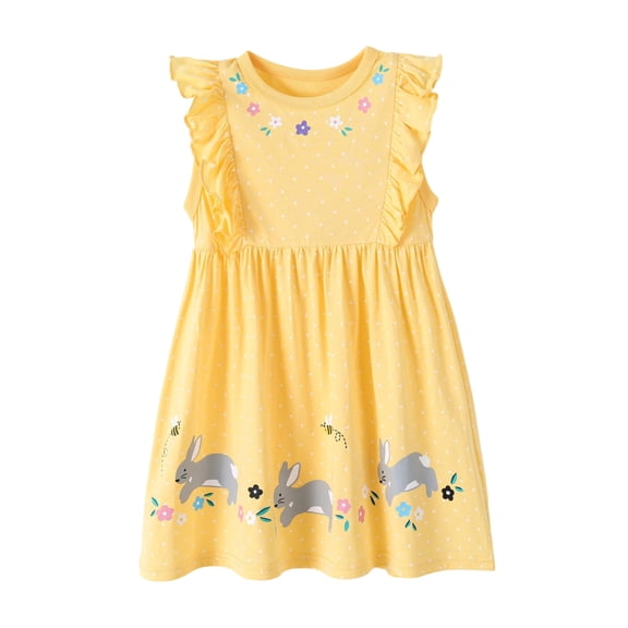 HAYIMI Girls Dress Cartoon Bunny Lightweight Summer Kids Girls Dress O-Neck Short Sleeve Fashionable Dresses