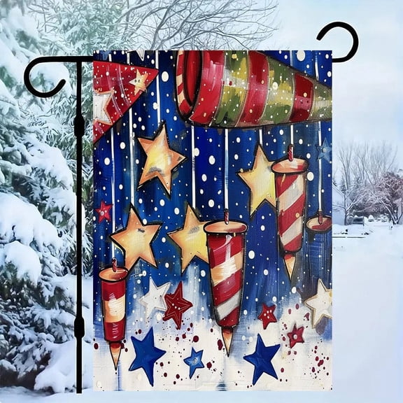 RKSupls Patriotic Linen Double Sided Garden Flag, Independence Day Themed Yard Decor, Hanging Firecrackers And Stars on Blue Background Outdoor Banner for Holiday Lawn