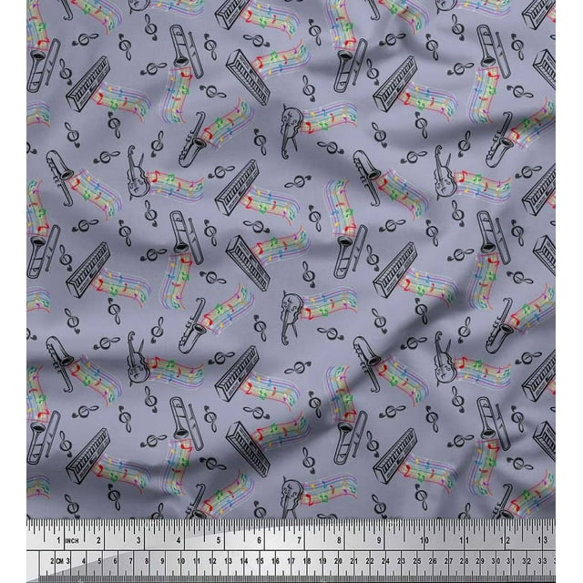 Soimoi Cotton Jersey Fabric Notes,Piano & Guitar Musical Instrument Printed Fabric 1 Yard 58 Inch Wide